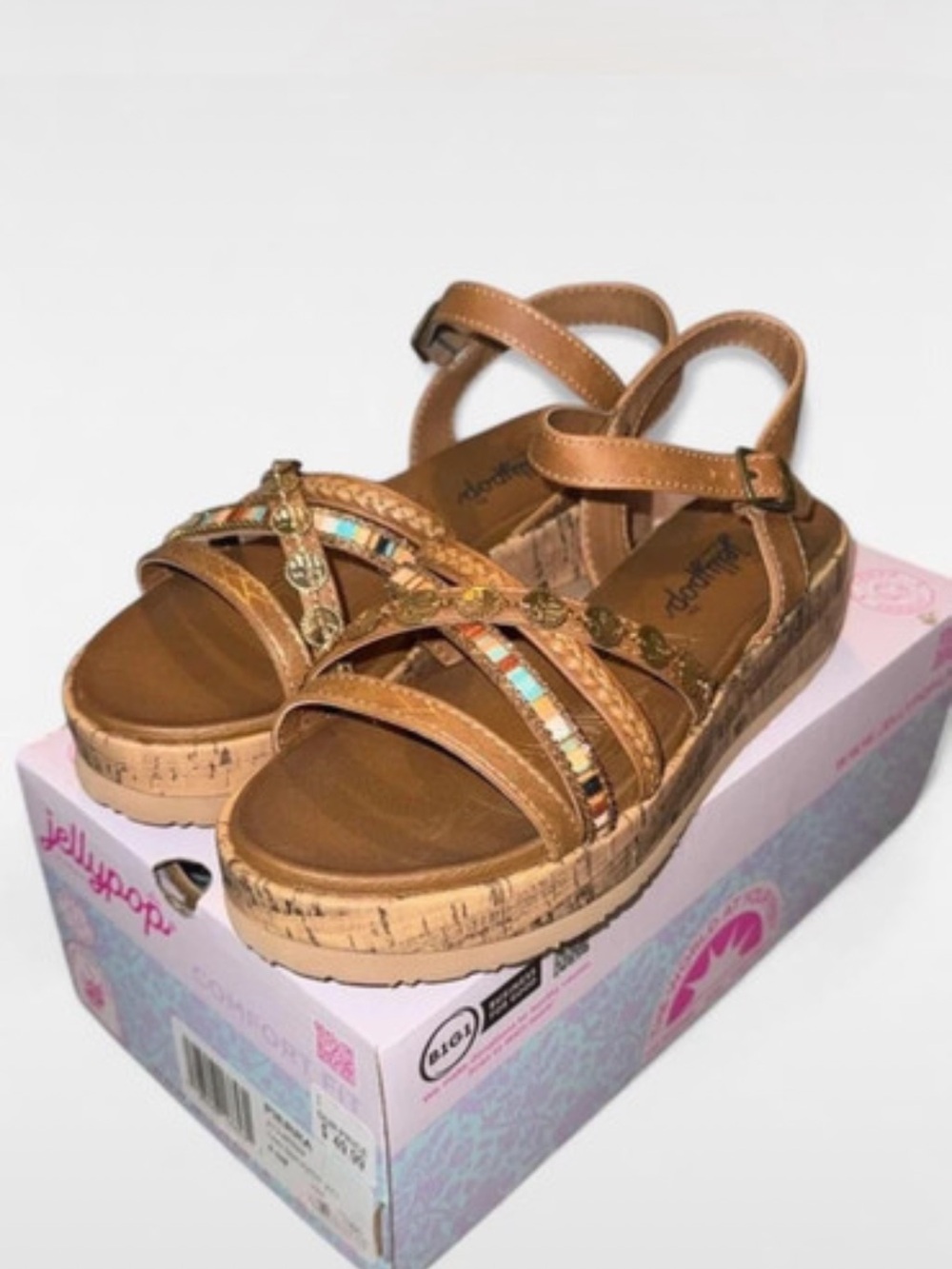 Woman’s 6.5 Tan Strappy Platform Sandals with Beaded Accent